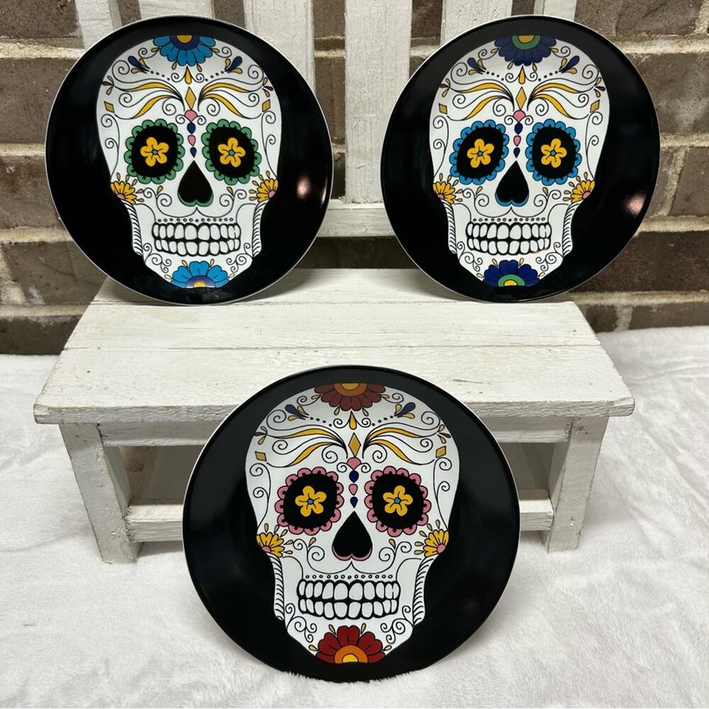 Williams Sonoma Halloween 3 Appetizer Plates Day of the Dead Skull Skeleton Head